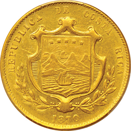 Costa Rica - 1870-GW 10-peso PCGS AU-55.