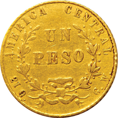 Costa Rica - Five gold 1-peso coins.  An 1864, three 1866, and an 1871.