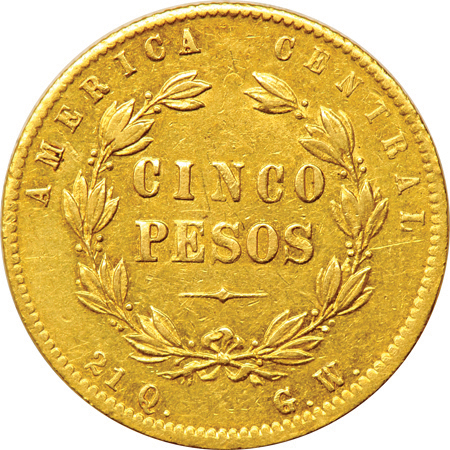 Costa Rica - 1875-GW type-3 5-peso AU.