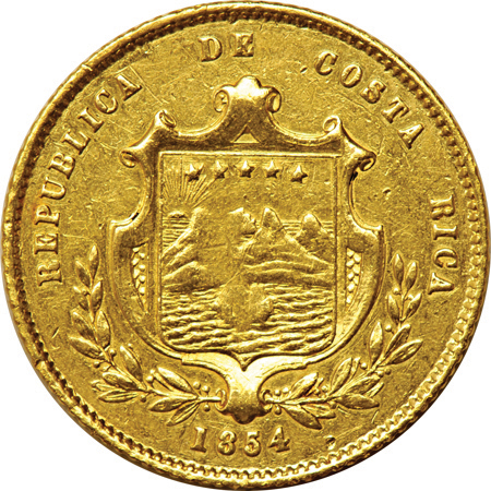 Costa Rica - Two 2-escudo.  1854-JB type-1 F and 1854-JB type-2 VF.