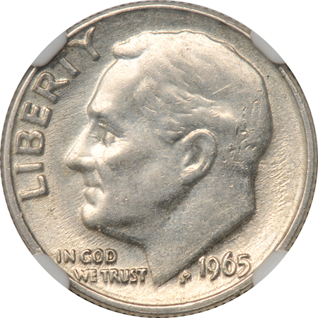 1965 Roosevelt dime on a 90% silver planchet NGC AU-55.