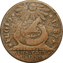 1787 Fugio cent STATES UNITED, 4 cinquefoil. F details/bent.