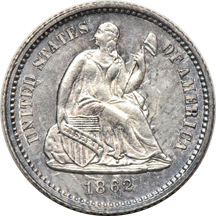 1857-O Seated half-dime AU, 1862 Seated half-dime MS-60, and an 1834 Bust dime XF.