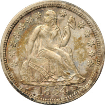 1853 and 1854 Liberty Seated dime, plus an 1844 half-dime, all AU.