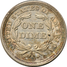 1853 and 1854 Liberty Seated dime, plus an 1844 half-dime, all AU.