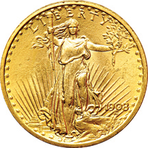 Five BU Saint-Gaudens double-eagles.