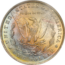 1879-S, 1884-O/O (VAM-10, Hot 50), and an 1884-O. All PCGS MS-64 and colorfully toned.