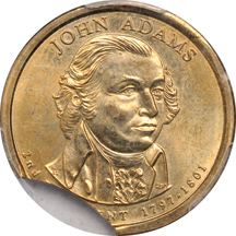 Dual Error. 2007 John Adams Presidential dollar with 11% clip and missing edge lettering. PCGS MS-66.