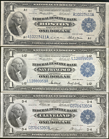 Three 1918 $1.00 (Boston, Cleveland, San Francisco).  XF/AU.