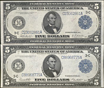 Four 1914 $5.00 Philadelphia Blue Seal. AU.