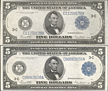 Four 1914 $5.00 Philadelphia Blue Seal. AU.