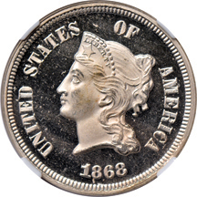 1868 J-633 nickel. NGC MS-65 Ultra Cameo CAC.