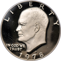 Eleven proof Eisenhower dollars, plus a three-piece Bicentennial type set, all PCGS PF-69DCAM.