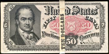 Fractional Bundle with original band consisting of 20 Fifth Issue 50-cent notes.