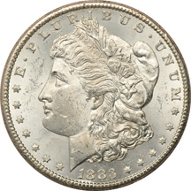 Eighteen 1883-CC Morgan dollars.