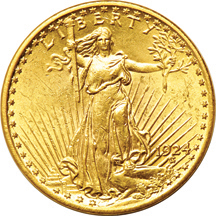 Five double-eagles.  Three Liberty and two Saint-Gaudens.