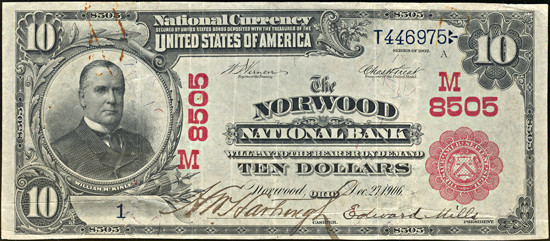 1902 Serial# 1 $10.00. Norwood, OH Charter# 8505 Red Seal. VF.