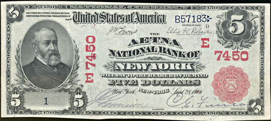 1902 Serial# 1 $5.00. New York, NY Charter# 7450 Red Seal. XF.