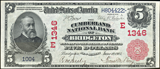 1902 $5.00. Bridgeton, NJ Charter# 1346 Red Seal. AU.