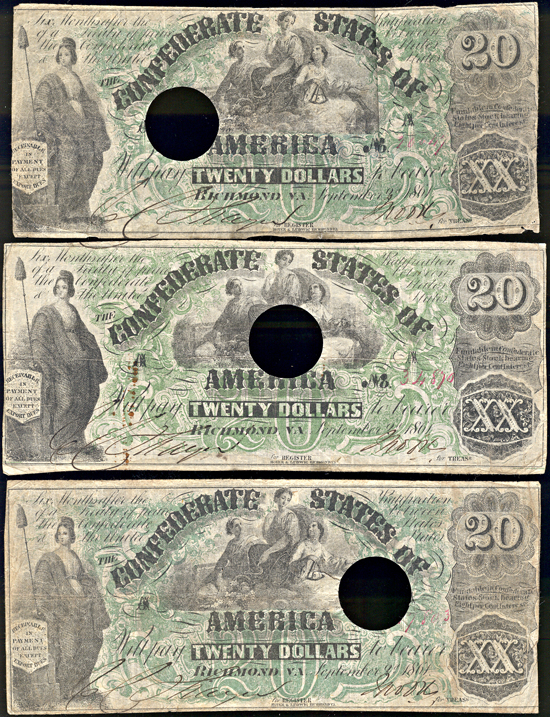 Three canceled 1861 $20.00 Confederates.  F.