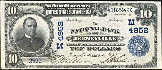 1902 $10.00. Jerseyville, IL Charter# 4952 Blue Seal. VF.