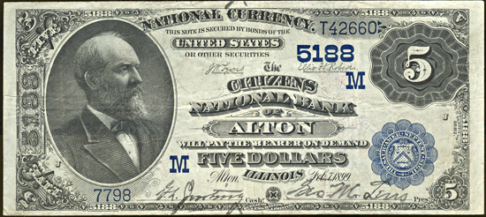 1882 $5.00. Alton, IL Charter# 5188 Value Back. VF.