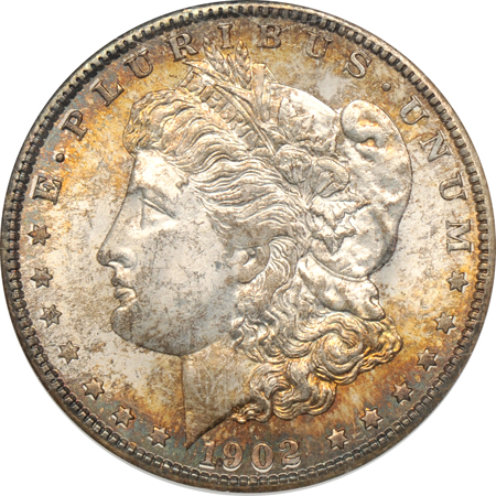 Four moderately toned Morgan dollars, certified.