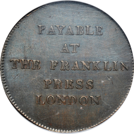 1794 Franklin Press token, Plain Edge NGC MS-62.