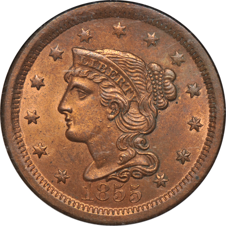 1855 Upright 55 (N-4) NGC MS-64 RB.