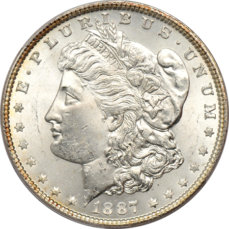 Seven Morgan dollars graded MS-64 by PCGS.