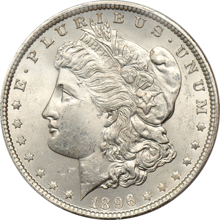 Seven Morgan dollars graded MS-64 by PCGS.