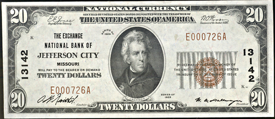 1929 $20.00. Jefferson City, MO Charter# 13142 Ty. 1. AU.