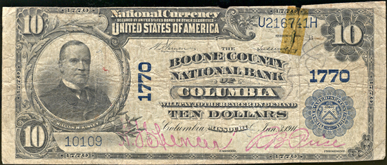 1902 $10.00. Columbia, MO Charter# 1770 Blue Seal. VG.