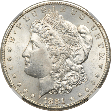 Five Morgan silver dollars graded MS-65 by NGC.