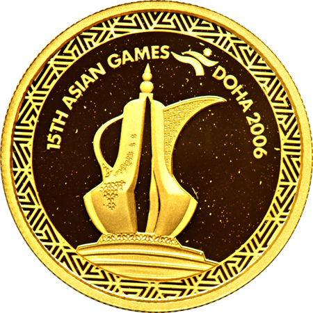 Qatar - 2006 15th Asian Games gold 100-Riyal with box.