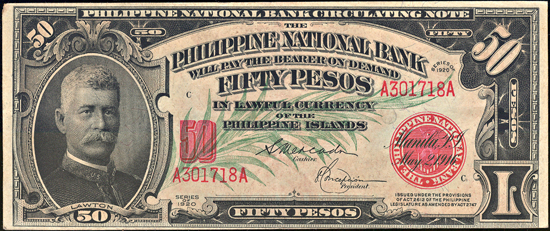 Philippine - 1920 Philippines 50-pesos National Bank Circulating Note.