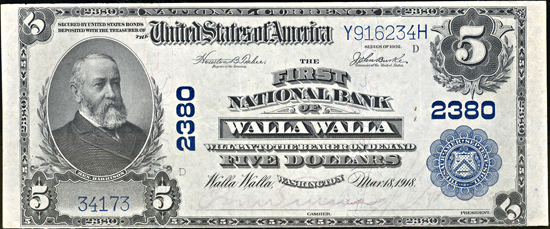 1902 $5.00. Walla Walla, WA Charter# 2380 Blue Seal. XF.