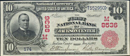 1902 $10.00. Jackson Center, OH Charter# 8536 Red Seal. PCGS AU.