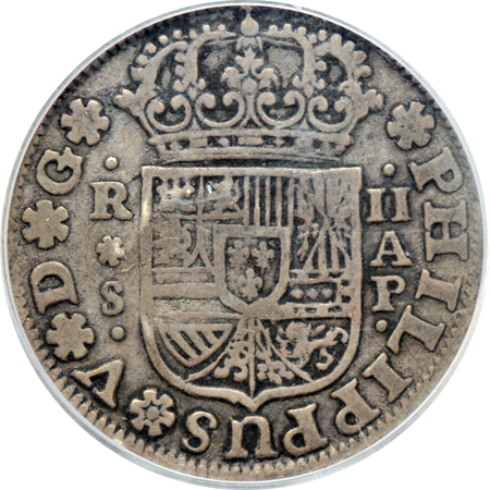 Spain - Seville, Azores c/s. 1736-PA 2-reales. PCGS VF-35.