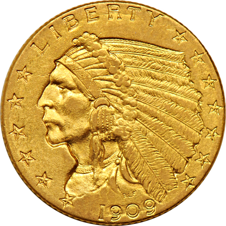 1909 $2.50 Indian, and an 1886 $5 Liberty, both AU.