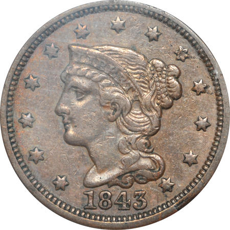 1843 (N-17, R.5) Mature Head, Large Letters, PCGS XF-45.