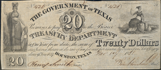 $20 Obsolete Banknote, Government of Texas.  PCGS AU-55.