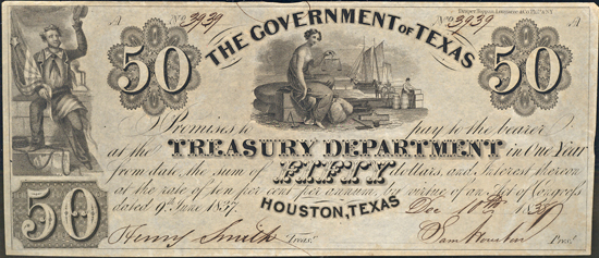 $50 Obsolete Banknote, Government of Texas.  PCGS XF-45.