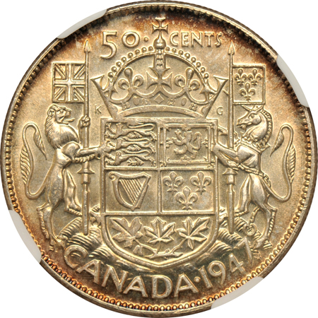 Canada - 1947 Straight 7 Maple Leaf half-dollar, NGC MS-63.