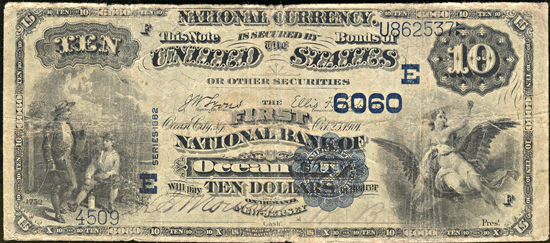 1882 $10.00. Ocean City, NJ Charter# 6060 Value Back. VG.