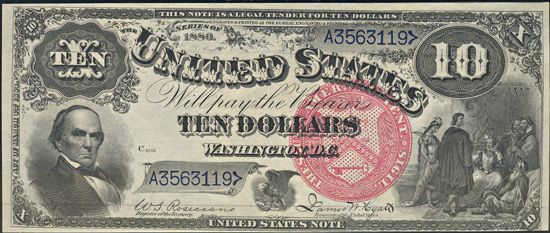 1880 $10.00 Large Seal Red Numbers. PMG CU-62.