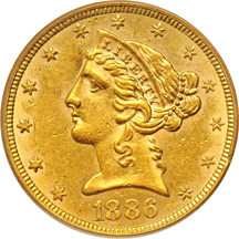 Three U.S. gold coins graded AU-55 by PCGS.