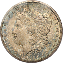 Four toned Morgan dollars, all PCGS MS-65.