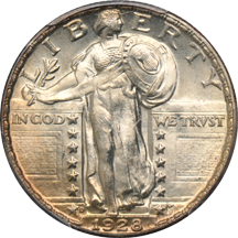 1928-D Standing Liberty quarter, and a 1937 Walking Liberty half-dollar, both PCGS MS-65.