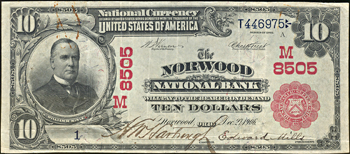 1902 Serial# 1 $10.00. Norwood, OH Charter# 8505 Red Seal. VF.